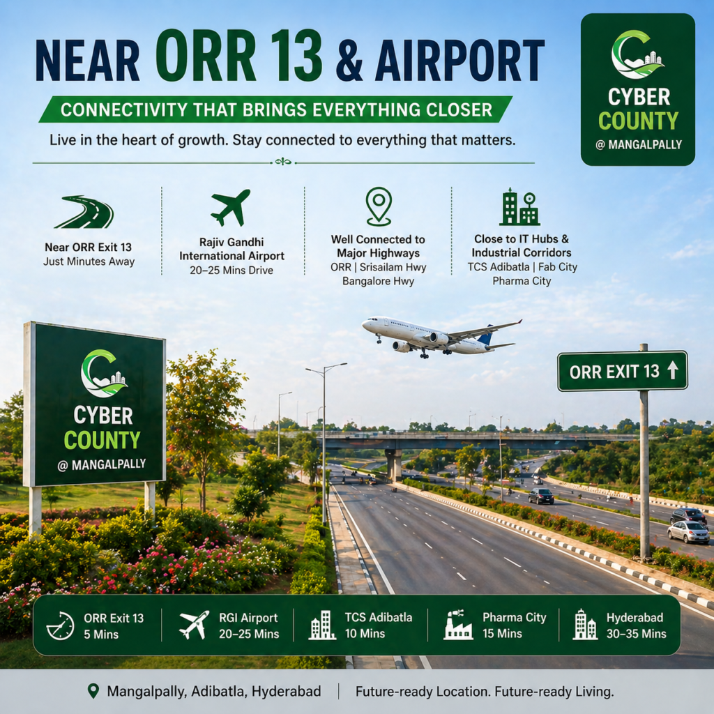 Near ORR Exit 13 and RGI Airport – Cyber County open plots in Adibatla Hyderabad with excellent connectivity