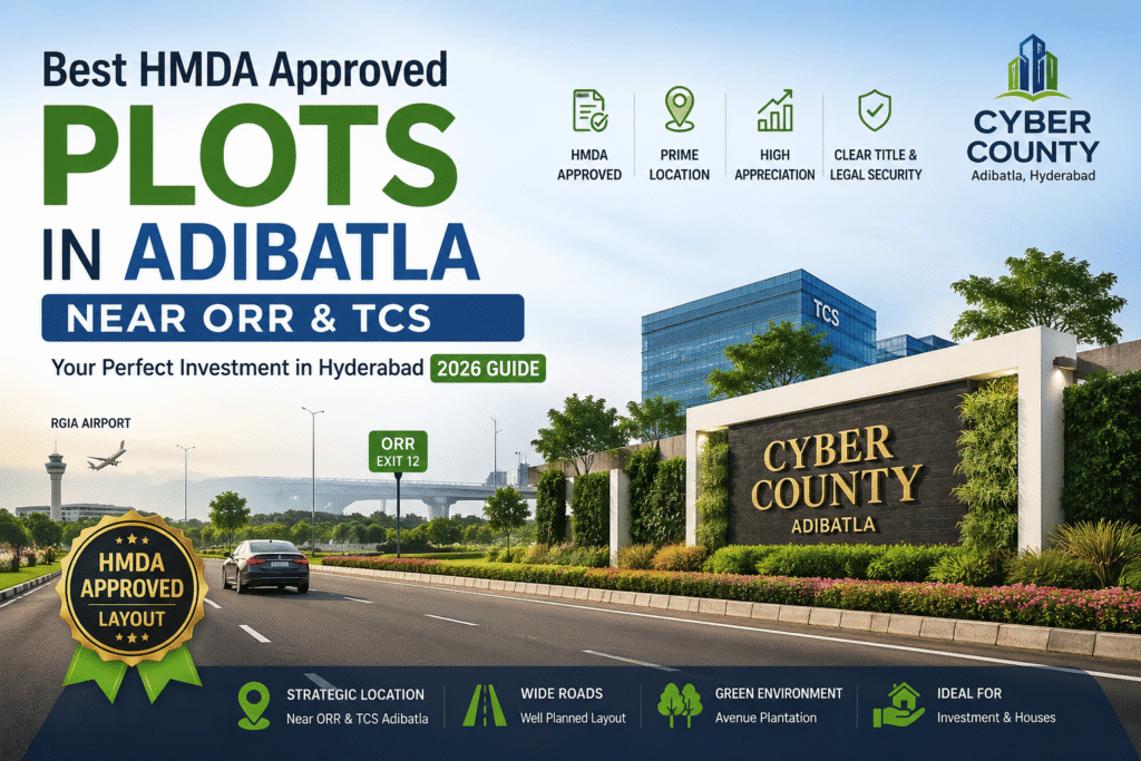 Best HMDA approved open plots in Adibatla Hyderabad near ORR Exit 13 and TCS Adibatla – Cyber County project