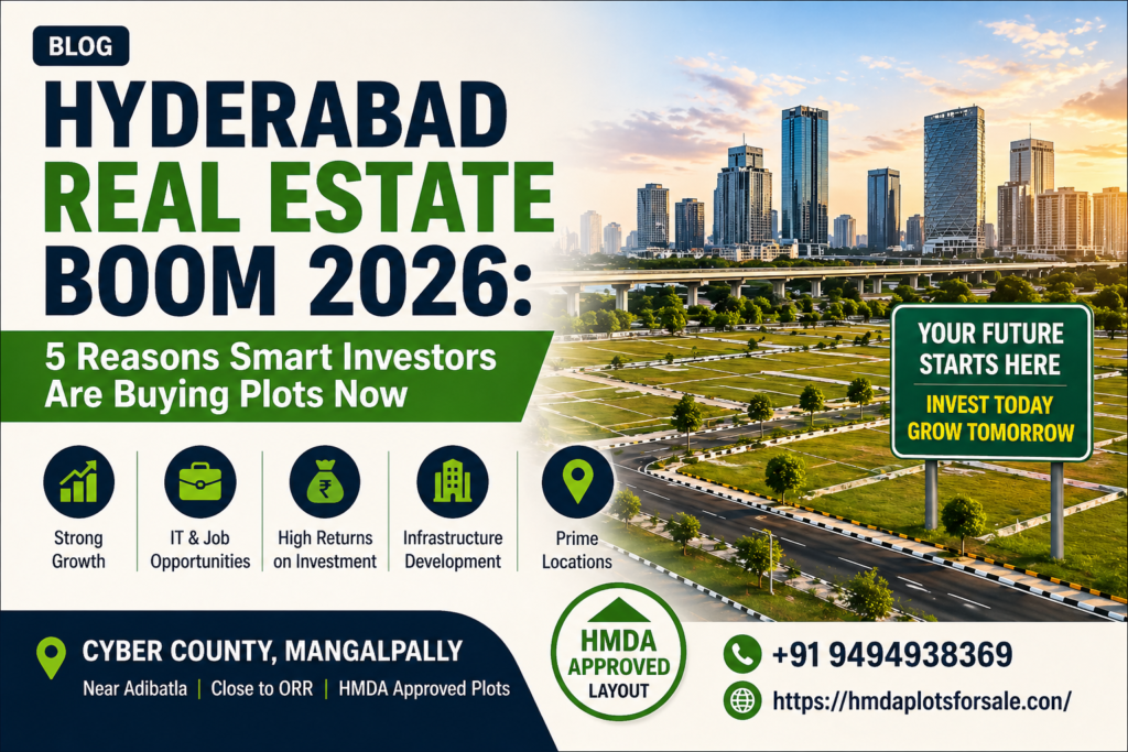 Hyderabad real estate boom 2026 showing HMDA approved plots in Mangalpally near Adibatla with modern infrastructure and investment growth potential