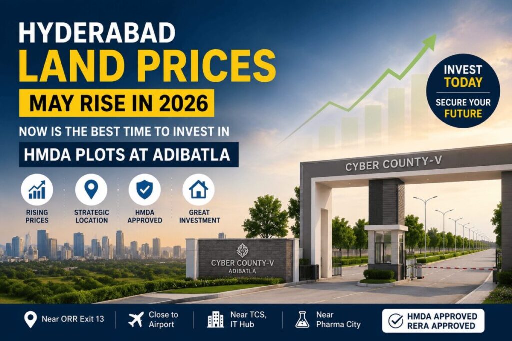 Cyber County-V gated community entrance with HMDA approved plots in Adibatla near ORR Exit 13 in Hyderabad