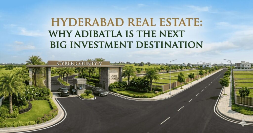 Villa plots in Adibatla Hyderabad — Cyber County V gated community entrance with lush green landscaping, palm trees, and black-top roads by Bhashyam Developers near ORR