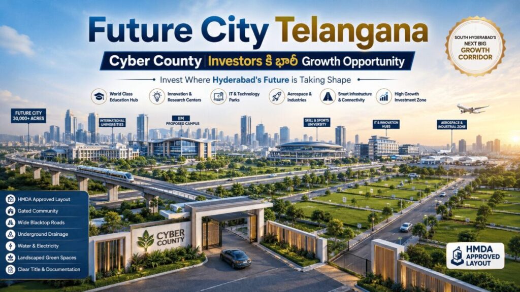 future-city-telangana-cyber-county-growth-opportunity-south-hyderabad.webp Futuristic Future City Telangana skyline with smart city infrastructure, universities, IT hubs, industrial zones, and Cyber County HMDA approved plotted development in South Hyderabad.