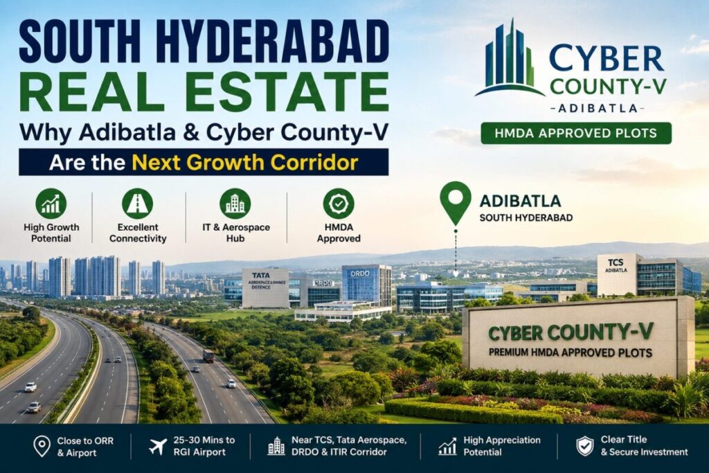 south-hyderabad-real-estate-adibatla-cyber-county-v.jpg South Hyderabad Real Estate featuring Cyber County-V HMDA-approved plots in Adibatla, a fast-growing investment corridor with excellent connectivity and infrastructure.