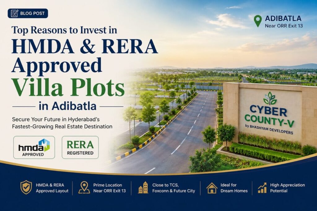 Top Reasons to Invest in HMDA & RERA Approved Villa Plots in Adibatla featuring Cyber County-V by Bhashyam Developers near ORR Exit 13 with premium villa plots and modern infrastructure.